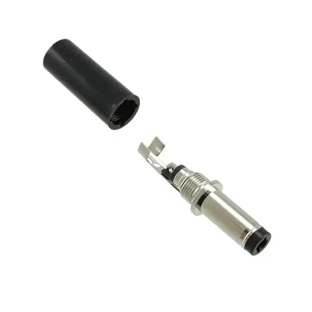 Moss LED DC Female Field Installable Plug 2.1x5.5x14mm Disassembled, Black Plastic Housing and Metal Barrel Connector with Solder Tabs