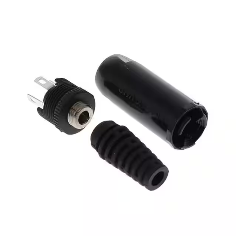 MossLED DC male field installable plug 1.3mm barrel connector with Astera NYX compatible panel mount jack and strain relief boot