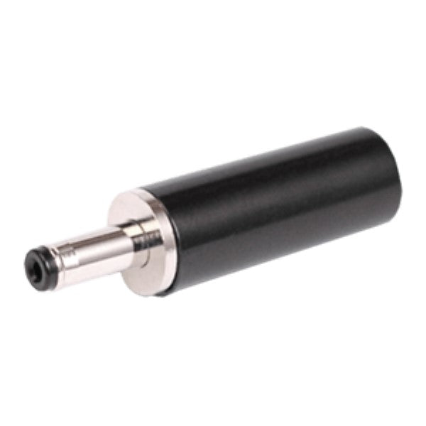 Moss LED DC Male Plug Field Installable Barrel Connector Assembled Front View, Black Housing with Silver Knurled Nut and Center Pin, 5A for LED Power