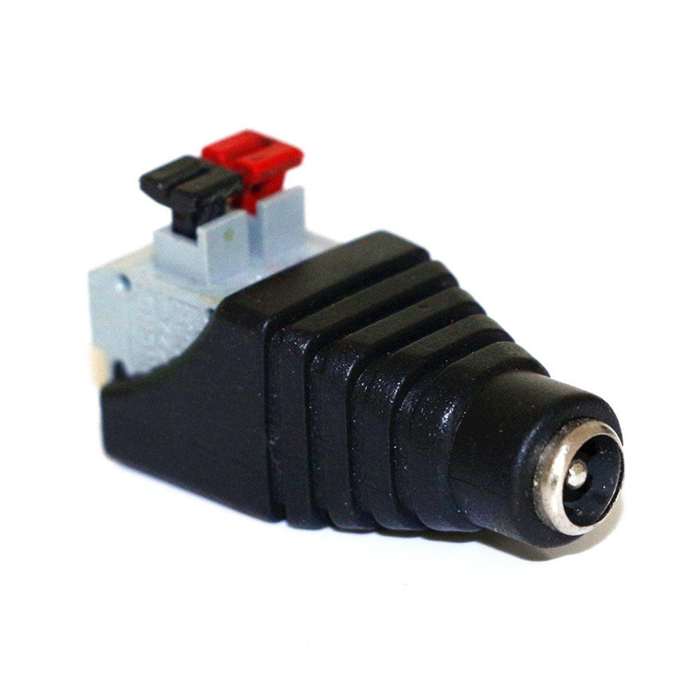 MossLED DC quick clamp terminal block with DC barrel male connector 5.5x2.1mm, toolless push-button wire connection for LED strip lighting