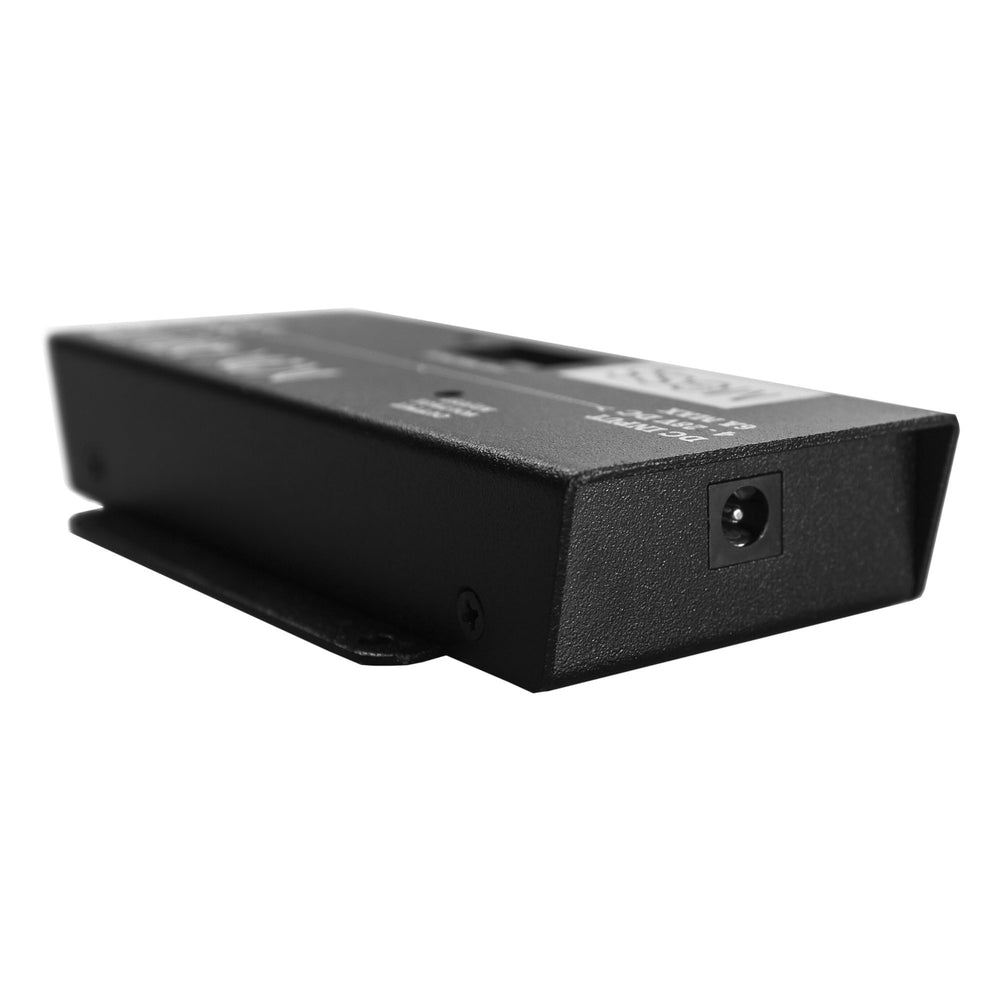 Moss LED DC to DC voltage booster angled front side view showing DC barrel output jack and rugged metal enclosure
