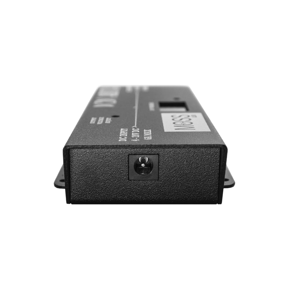 Moss LED DC to DC voltage booster front view showing DC barrel plug input connector on rugged metal chassis