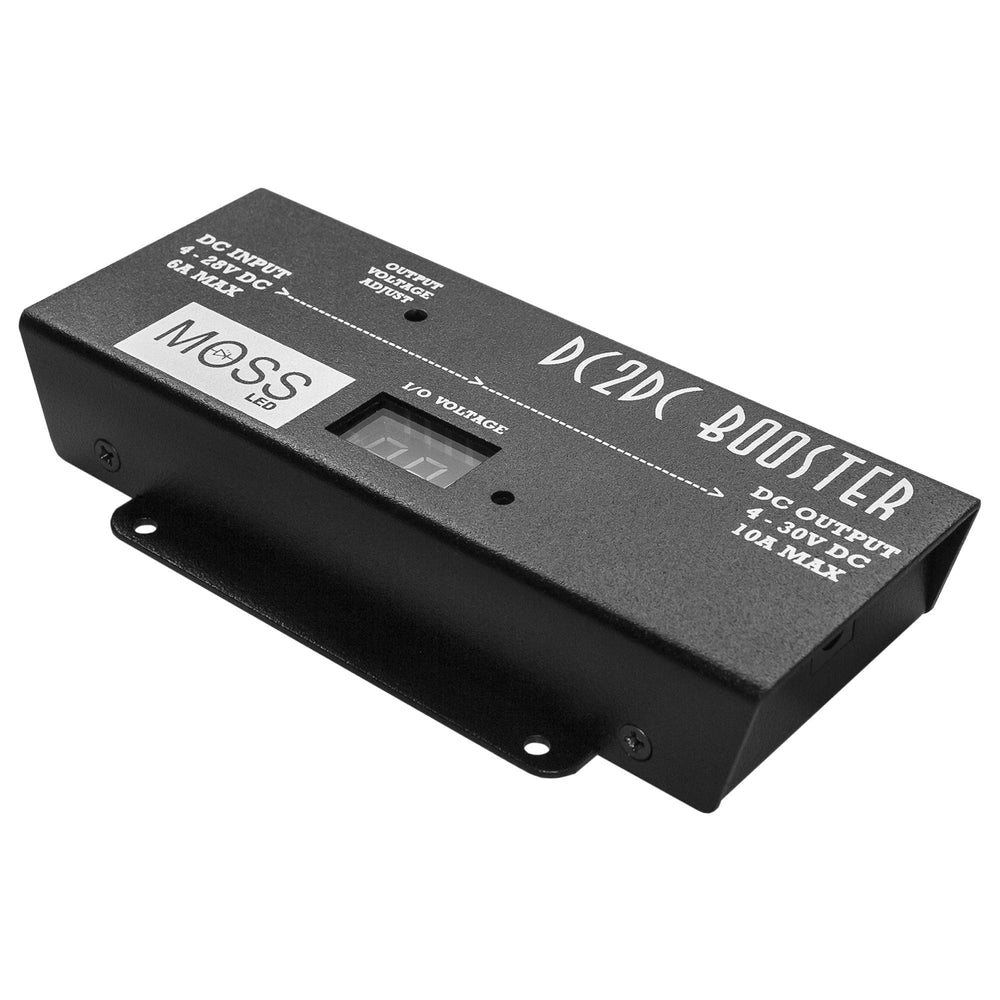 Moss LED DC to DC voltage booster isometric view showing complete unit with digital display voltage adjust and input output labels