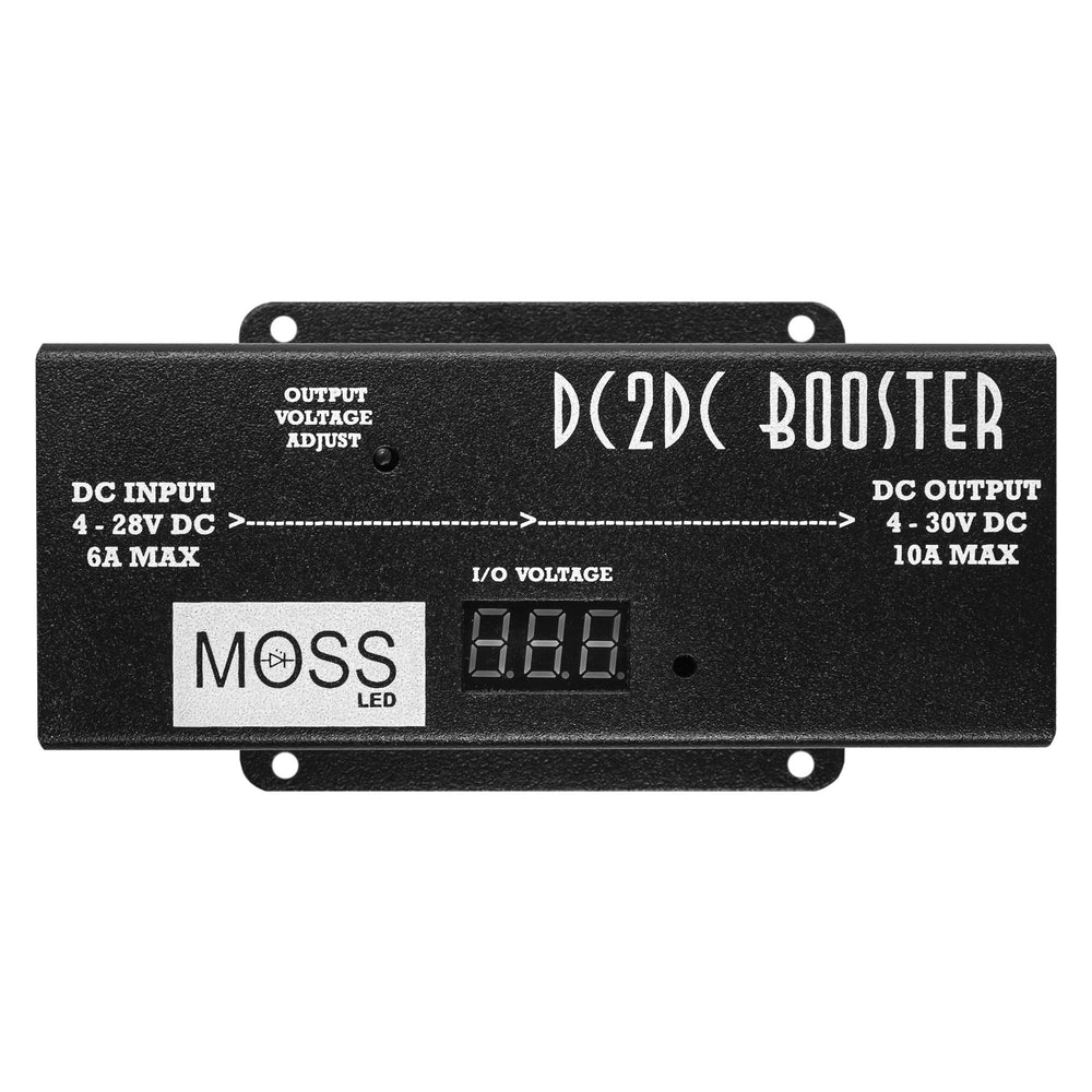 Moss LED DC to DC voltage booster top view showing metal chassis with digital voltage display and adjustable output 4-30V DC