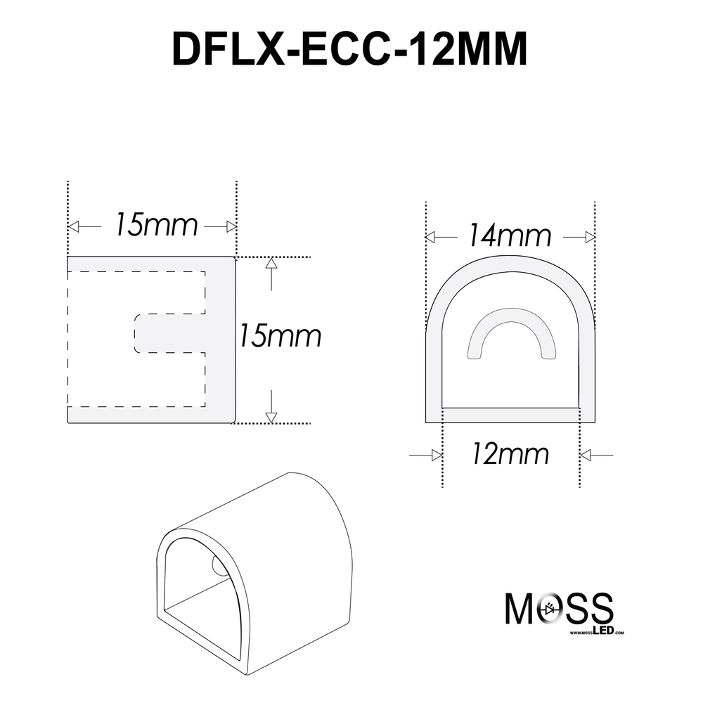 Moss LED DiffuseFLEX LED End Caps DFLX-ECC-12MM technical specification drawing showing closed cap dimensions 15mm x 14mm x 12mm with cross-section views