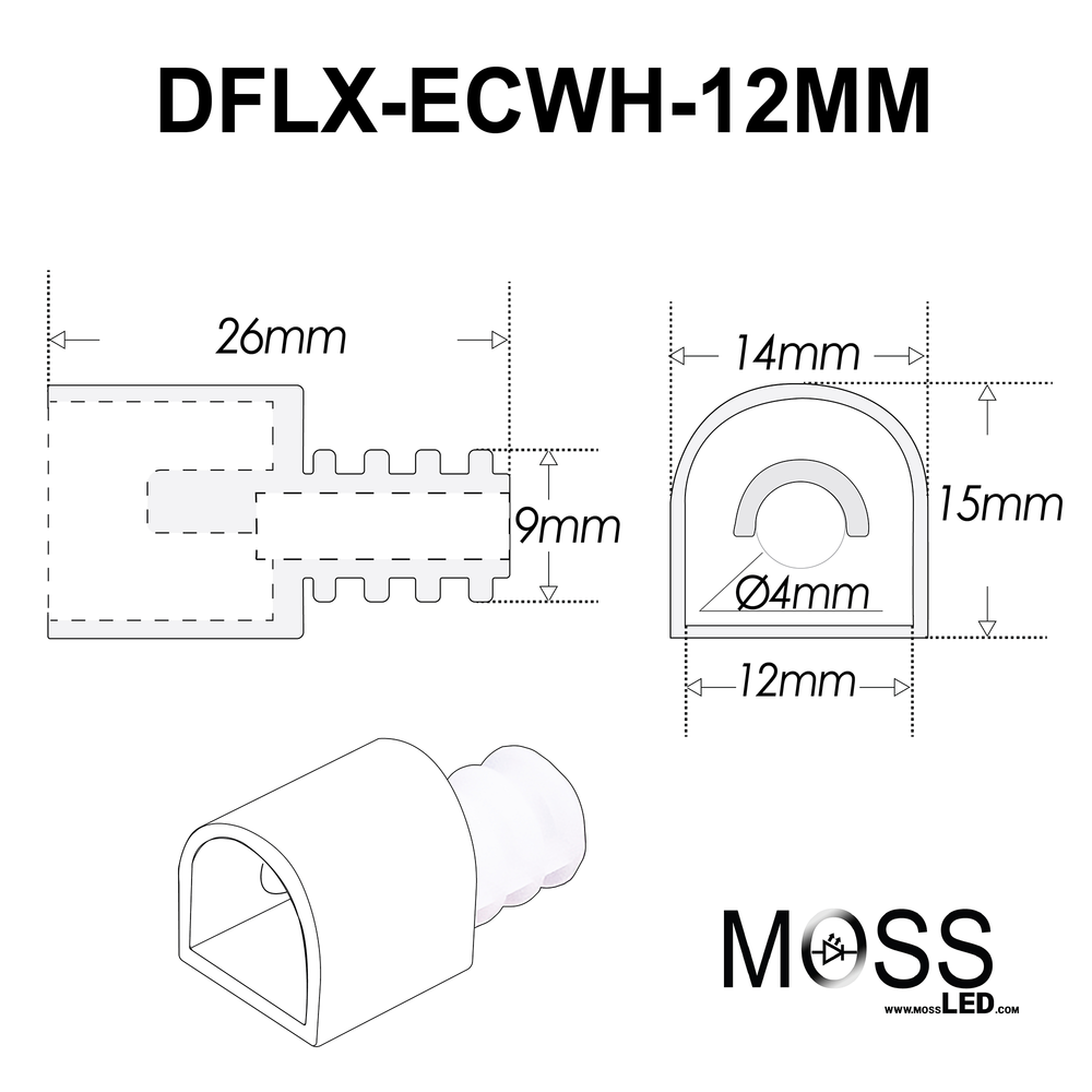 Moss LED DiffuseFLEX LED End Caps white 12mm technical specification drawing showing dimensions 26mm length 12mm width with cross-section views