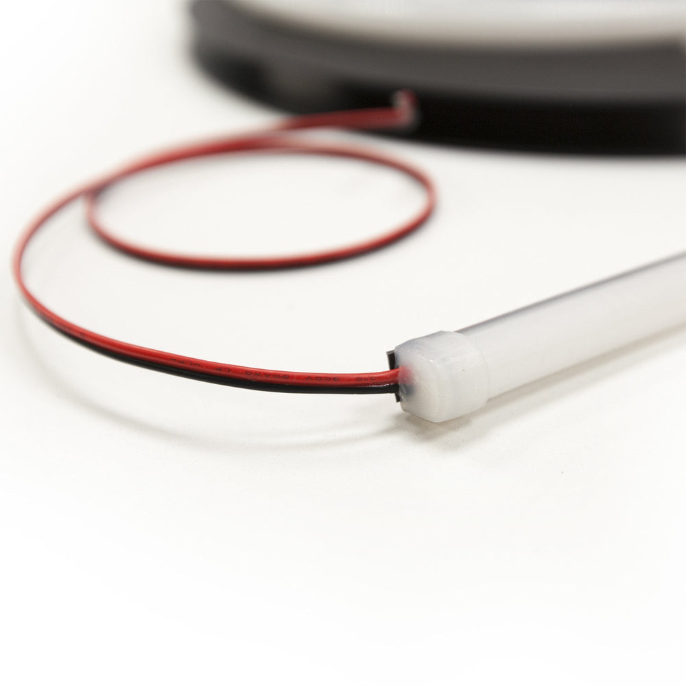 Moss LED DiffuseFLEX™ LED Strip – Close-Up of IP65 Silicone Diffusion Tube End with Bare Wire Connection, Pixel-Free LED Strip for Film, Television, Broadcast & Live Entertainment