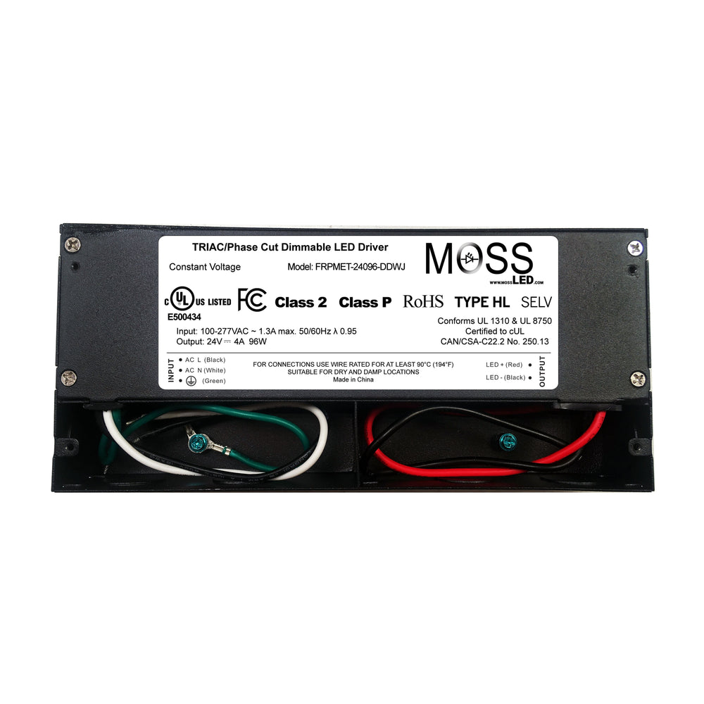 Moss LED TRIAC phase cut dimmable LED driver with cover removed showing internal AC input wiring and DC output connections for 24V 96W constant voltage LED strip power