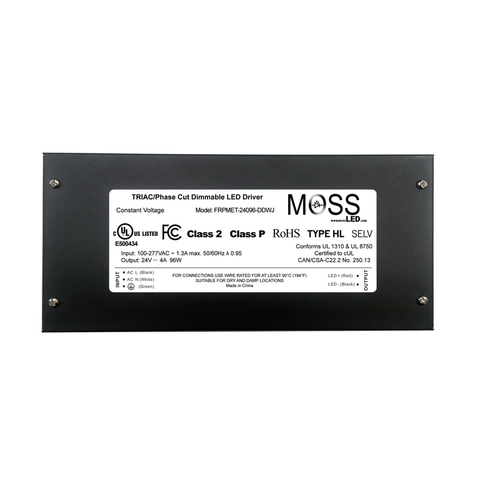 Moss LED TRIAC phase cut dimmable LED driver top view showing product label with model number, UL FCC RoHS certifications, 24V 96W output specifications, and wiring diagram