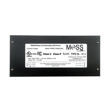 Moss LED TRIAC phase cut dimmable LED driver top view showing product label with model number, UL FCC RoHS certifications, 24V 96W output specifications, and wiring diagram
