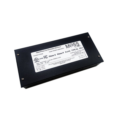 Moss LED TRIAC phase cut dimmable constant voltage LED driver in black metal enclosure with UL FCC RoHS certifications for LED strip lighting