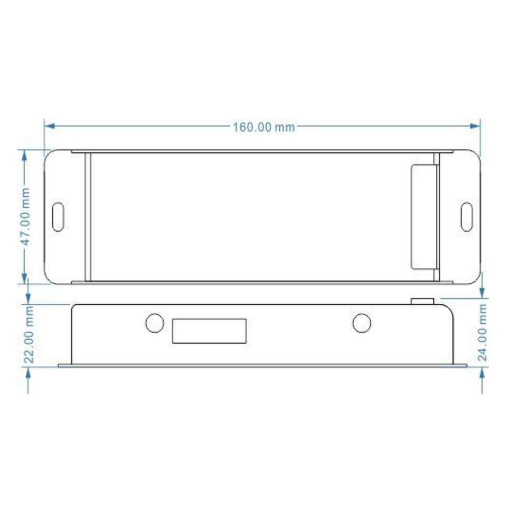 MossLED DMX 4-channel slim dimmer decoder technical dimensions diagram showing top and side views 160mm length 47mm width 22mm and 24mm height