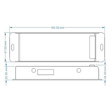 MossLED DMX 4-channel slim dimmer decoder technical dimensions diagram showing top and side views 160mm length 47mm width 22mm and 24mm height