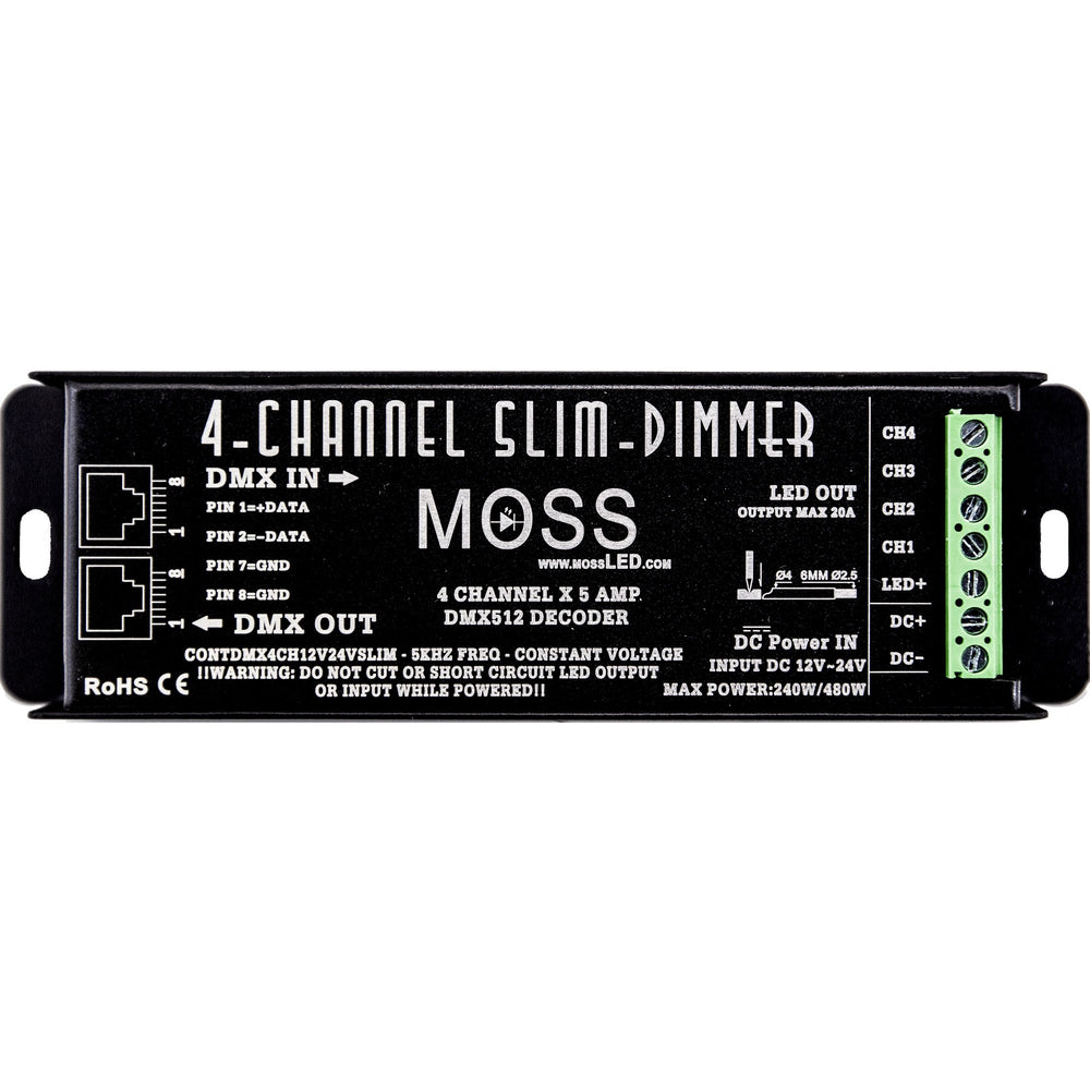 MossLED DMX 4-channel slim dimmer DMX512 decoder top view showing DMX in out connectors 4 LED output channels DC power input 12V-24V 240W 480W black enclosure