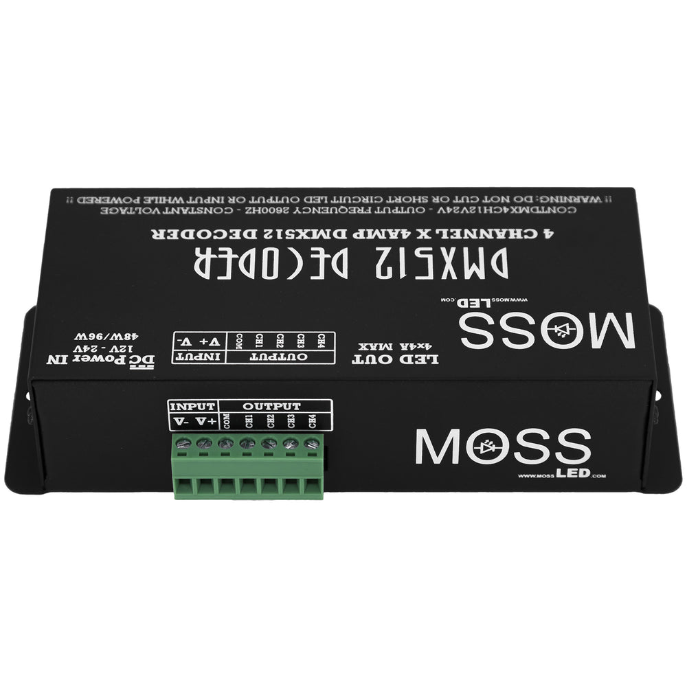 Moss LED DMX512 4-channel LED dimmer decoder back view showing green screw terminal LED output block with input and output labels Moss LED branding and bottom specifications label black enclosure