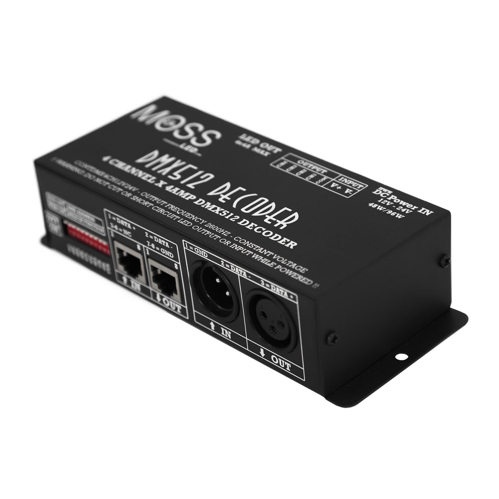 Moss LED DMX512 4-channel LED dimmer decoder front isometric view showing 3-pin XLR DMX in out ports RJ45 data connectors red DIP switches and mounting bracket black enclosure