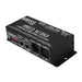 Moss LED DMX512 4-channel LED dimmer decoder front isometric view showing 3-pin XLR DMX in out ports RJ45 data connectors red DIP switches and mounting bracket black enclosure