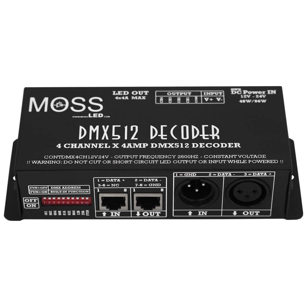 Moss LED DMX512 4-channel LED dimmer decoder front panel view showing red DIP switches for DMX address and function settings RJ45 data in out connectors and 3-pin XLR DMX in out ports black enclosure