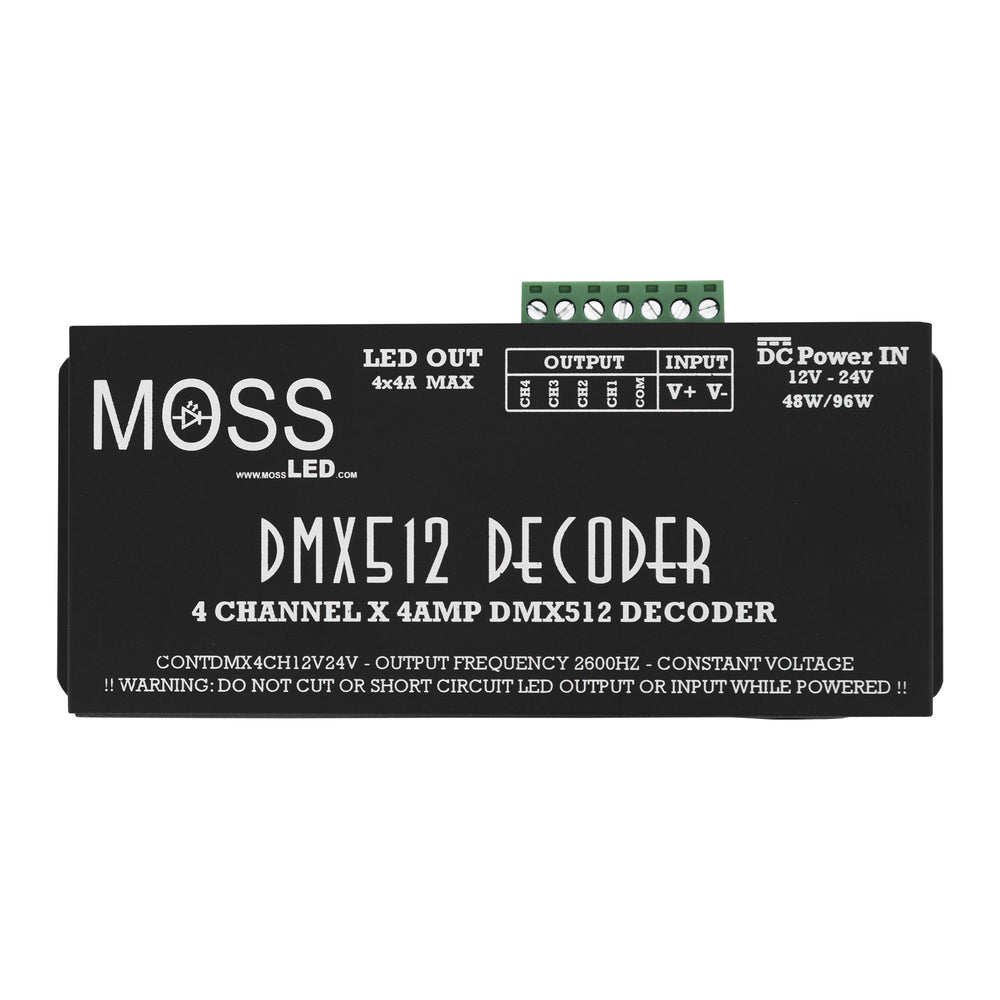 Moss LED DMX512 4-channel LED dimmer decoder top view showing green screw terminal LED output blocks DC power input 12V-24V and label details 4x4A max output black enclosure