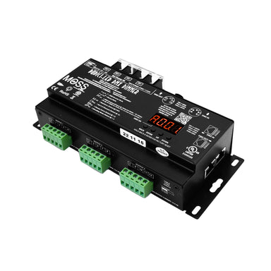 Moss LED Dodici-LED DMX 12 channel dimmer angled view showing mounting brackets green terminal blocks LED display and QR code black housing