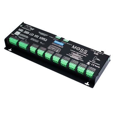MossLED Dual-Quad-LED DMX 24-channel dimmer decoder diagonal perspective view showing green terminal blocks DMX connectors dip switches and MOSS branding on black enclosure