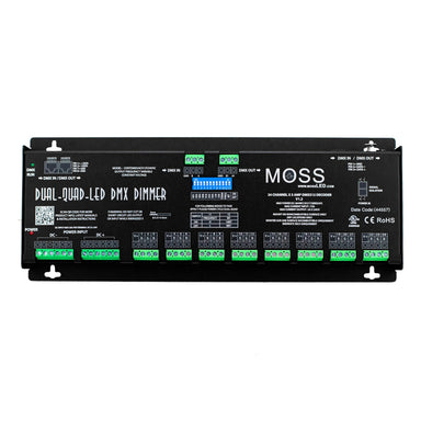 MossLED Dual-Quad-LED DMX 24-channel dimmer decoder front view showing 24 output terminals DMX in out connectors dip switches power input and MOSS branding black enclosure