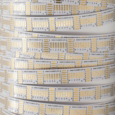 Moss LED Express BusBar gold-plated LED strip connector coiled close-up showing contact pads and solder points