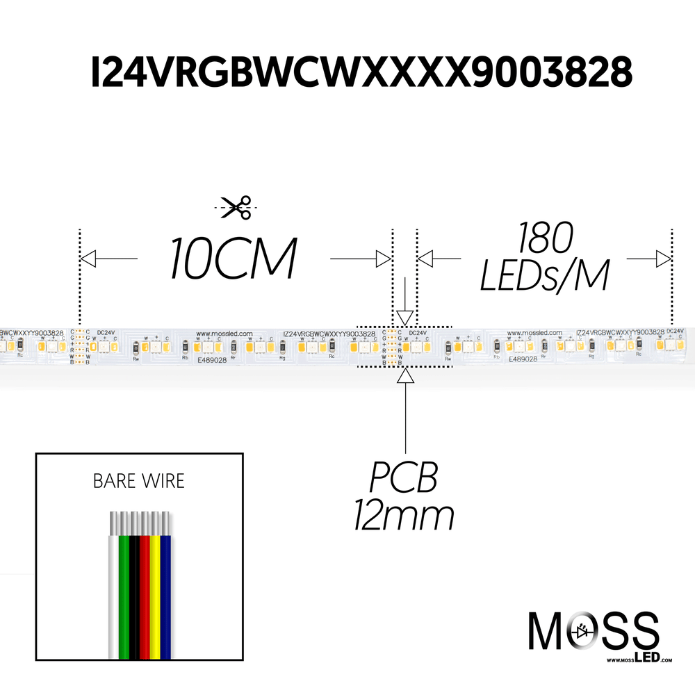 Moss LED FlexLED 180 RGB+WW+CW 24V spec diagram 10cm cut 180 LED/m 12mm PCB bare wire