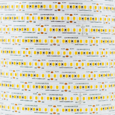 Moss LED FlexLED 196 White 24V close-up flat lay showing 196 LEDs per meter diodes on white background