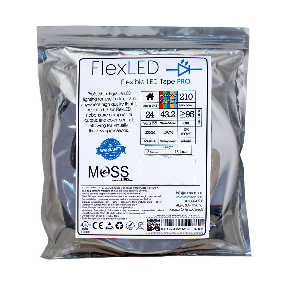 Moss LED FlexLED 210 RGB+WW+CW 24V LED Strip – Indoor packaging bag showing spec label: 210 LEDs per metre, 24VDC, 43.2W per metre, CRI ≥95, 30mm PCB width, UL Listed, for film, television, and live entertainment lighting