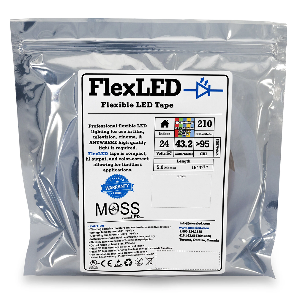 FlexLED 210 RGB+WW+CW 24V retail packaging bag showing spec label with 210 LEDs/m, 24V, 43.2W/m, 95+ CRI, 5-metre reel – Moss LED
