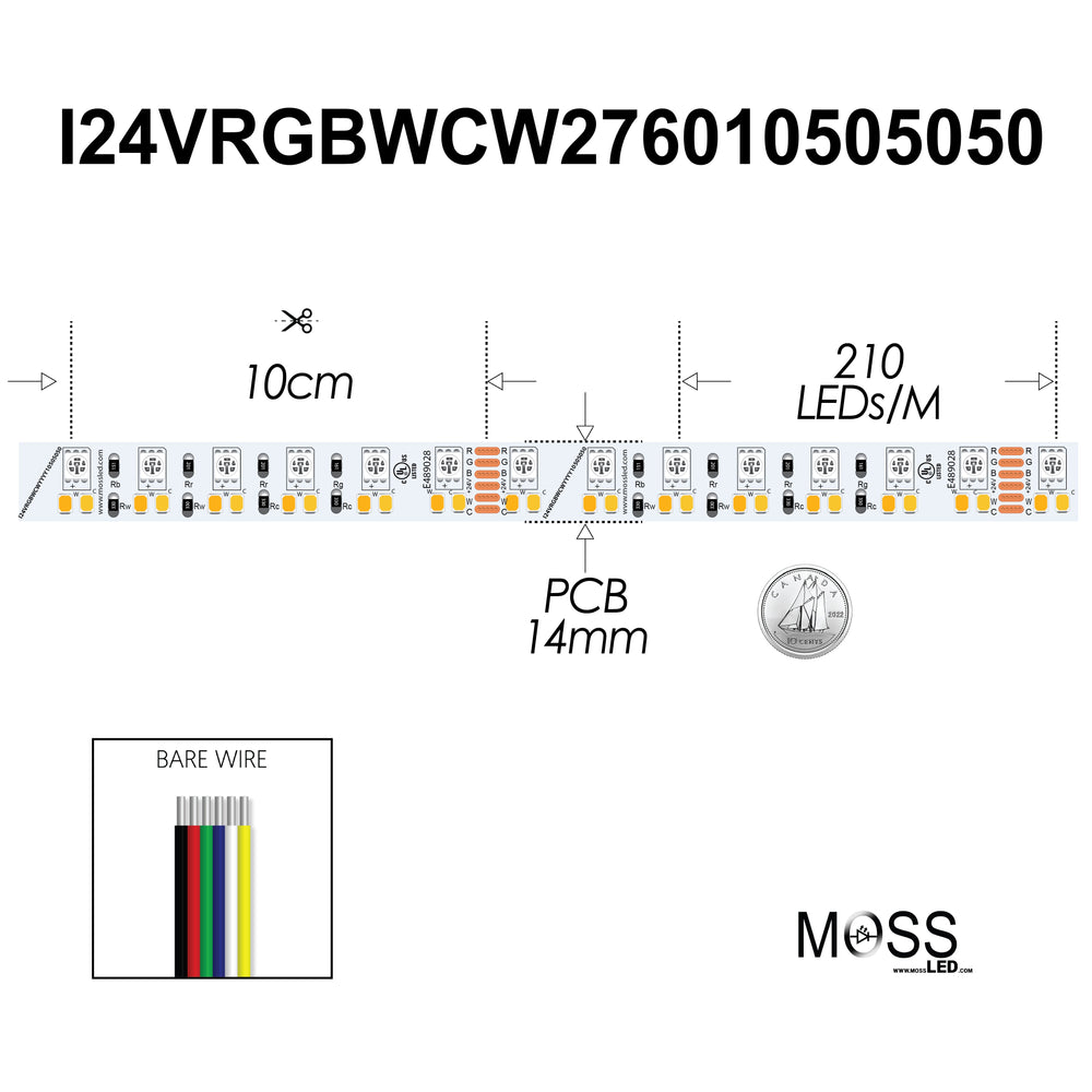 FlexLED 210 RGB+WW+CW 24V technical spec drawing showing 210 LEDs/m density, 14mm PCB width, 10cm cut intervals, and bare wire leads – Moss LED