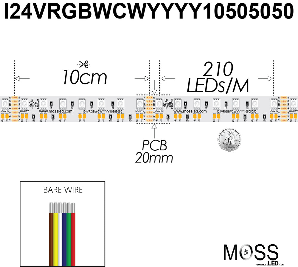 FlexLED 210 RGB+WW+CW 24V technical spec drawing showing 210 LEDs/m density, 20mm PCB width, 10cm cut intervals, and bare wire leads – Moss LED
