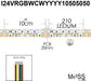 FlexLED 210 RGB+WW+CW 24V technical spec drawing showing 210 LEDs/m density, 20mm PCB width, 10cm cut intervals, and bare wire leads – Moss LED