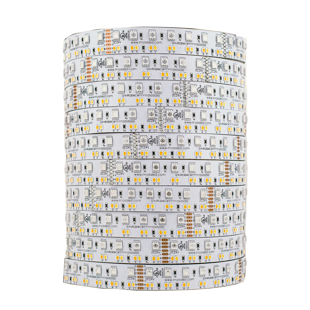 Moss LED FlexLED 210 RGB+WW+CW 24V LED Strip – 210 LEDs per metre, 5-channel RGB plus warm white and cool white, 24VDC – Tightly wound 5m reel unlit, for film, television, and live entertainment lighting