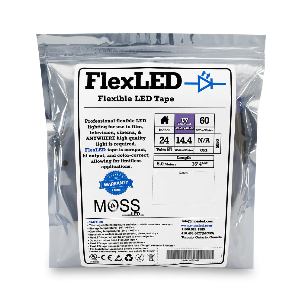 Moss LED FlexLED 60 UV 24V packaging bag showing UV ultra violet 60 LED per meter 24V 14.4 watts 5050 chip 5 meter length