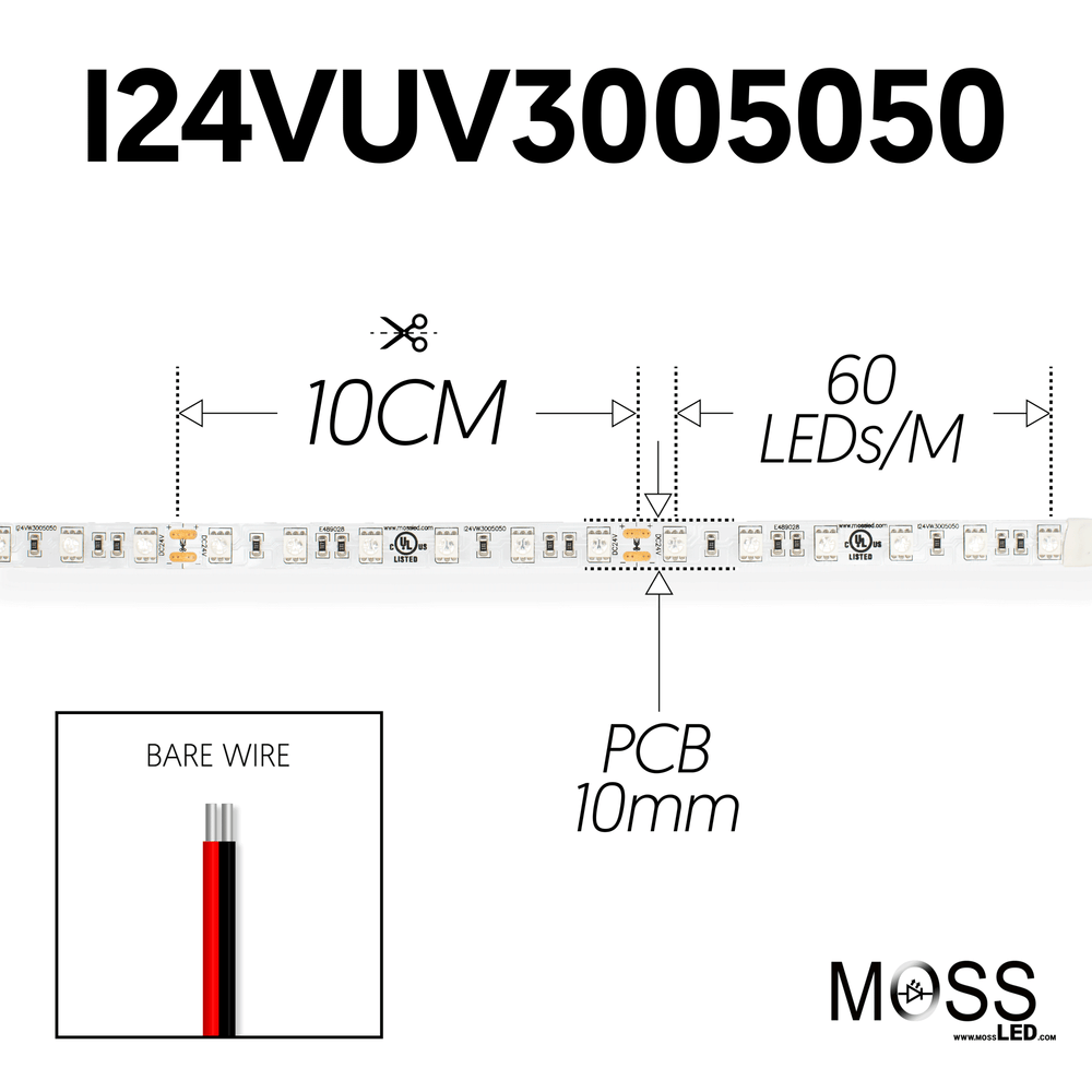 Moss LED FlexLED 60 UV 24V spec diagram showing 10cm cut interval 60 LED per meter 10mm PCB bare wire connector variant