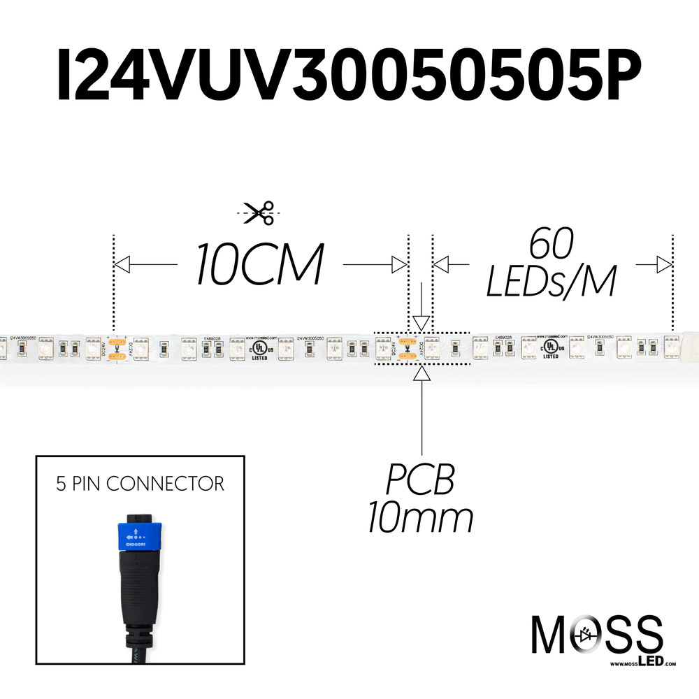 Moss LED FlexLED 60 UV 24V spec diagram showing 10cm cut interval 60 LED per meter 10mm PCB width 5 pin connector