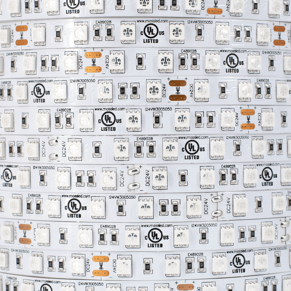 Moss LED FlexLED 60 UV 24V strip close up showing UV 5050 LED chips solder pads and UL listed certification markings