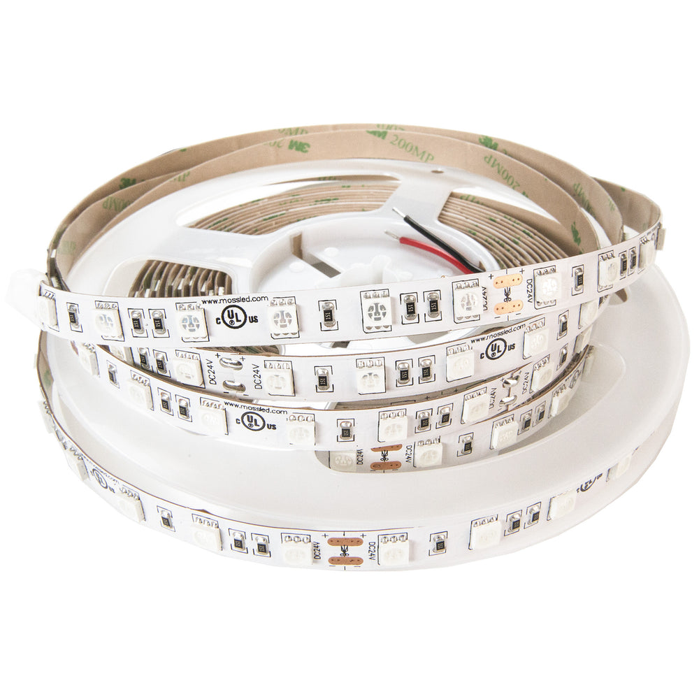 Moss LED FlexLED 60 UV 24V LED strip on white spool reel with bare wire connector end and 3M 200MP adhesive backing white background