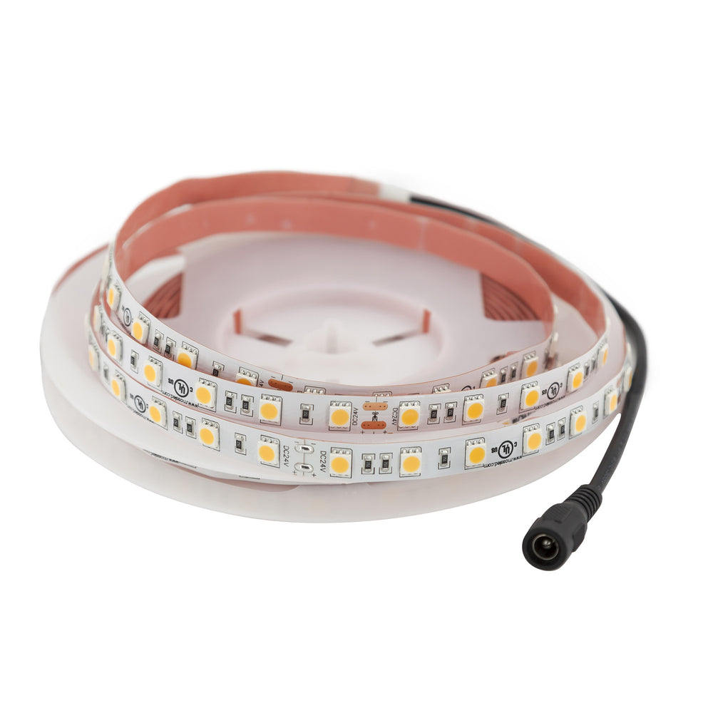 Moss LED FlexLED 60 White 24V 3000K warm white 60 LEDs per metre coiled reel DC barrel connector white background