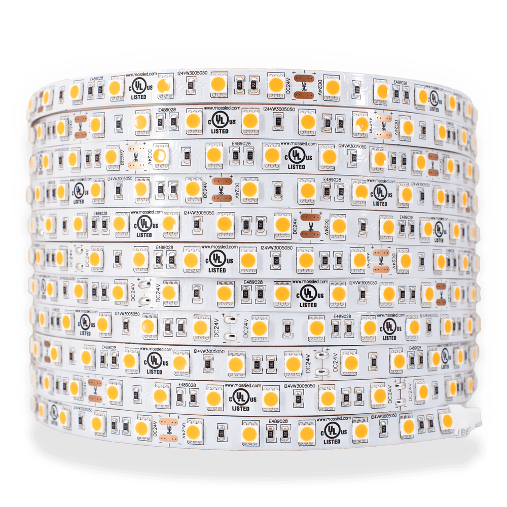 Moss LED FlexLED 60 White 24V 3000K warm white 60 LEDs per metre coiled reel white background