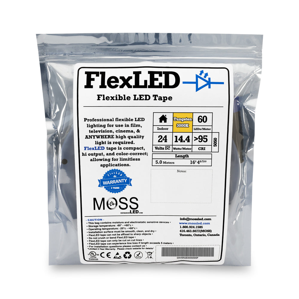 Moss LED FlexLED 60 White 24V 3000K warm white retail bag packaging 60 LEDs per metre 24V 14.4W CRI 95