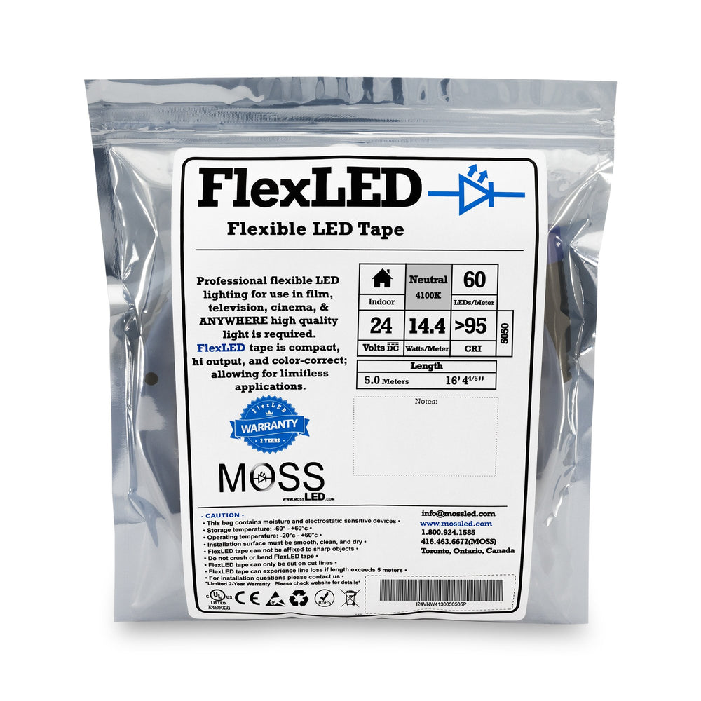 Moss LED FlexLED 60 White 24V 4100K neutral white retail bag packaging 60 LEDs per metre 24V 14.4W CRI 95