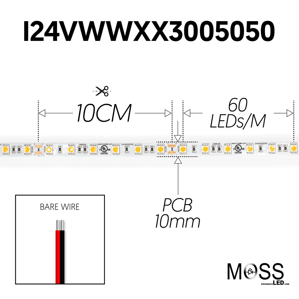 Moss LED FlexLED 60 White 24V warm white spec diagram 60 LEDs per metre 10cm cut interval 10mm PCB bare wire leads