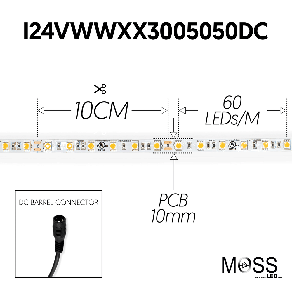 Moss LED FlexLED 60 White 24V warm white spec diagram 60 LEDs per metre 10cm cut interval 10mm PCB DC barrel connector