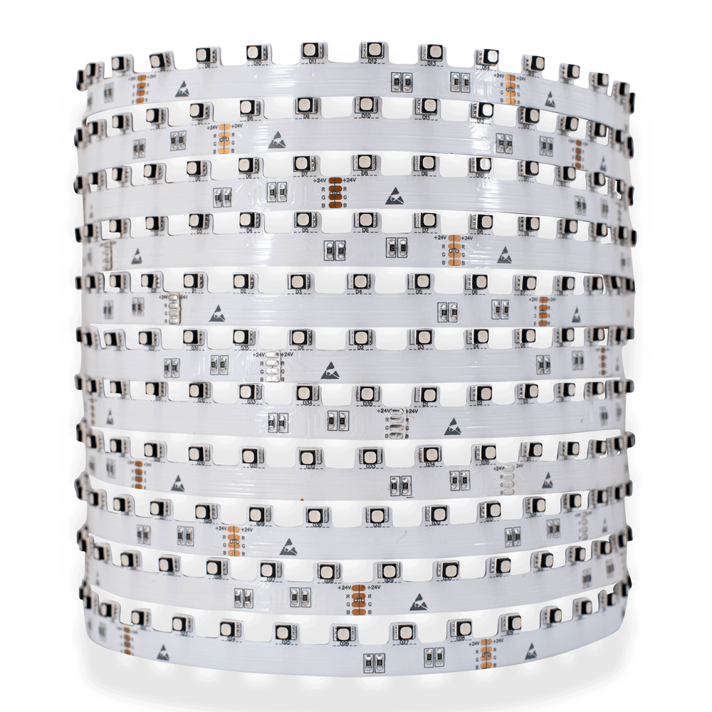 Moss LED FlexLED 70 Step-Up 24V RGB 5050 angle adjustable LED strip coiled reel showing individual LED mounts on white PCB on white background