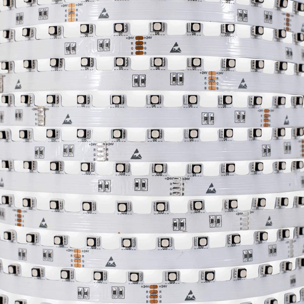 Moss LED FlexLED 70 Step-Up 24V RGB 5050 close-up detail of angle adjustable LED chip mounts on coiled reel white PCB