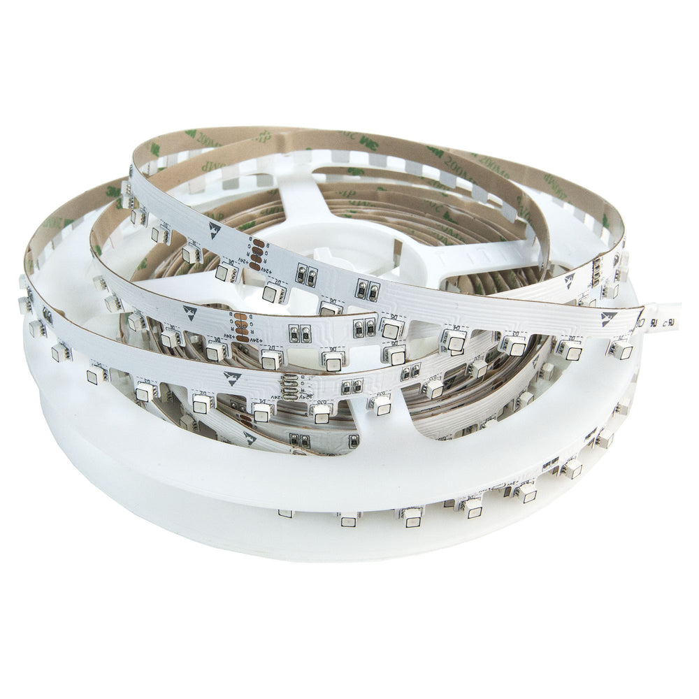 Moss LED FlexLED 70 Step-Up 24V RGB 5050 loose coil reel showing raised angle adjustable LED mounts on white PCB white background