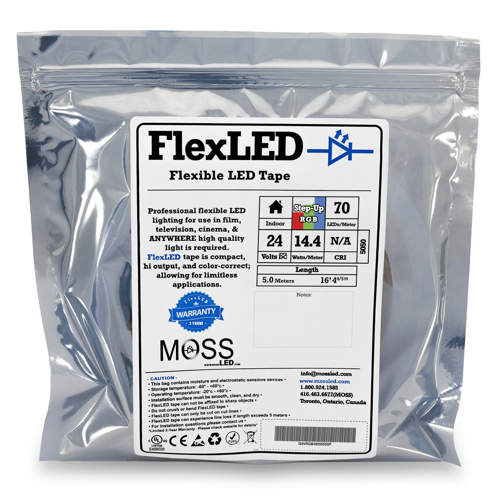 Moss LED FlexLED 70 Step-Up 24V RGB 5050 product packaging bag with label showing 70 LED per meter 14.4W per meter 5 meter length specifications
